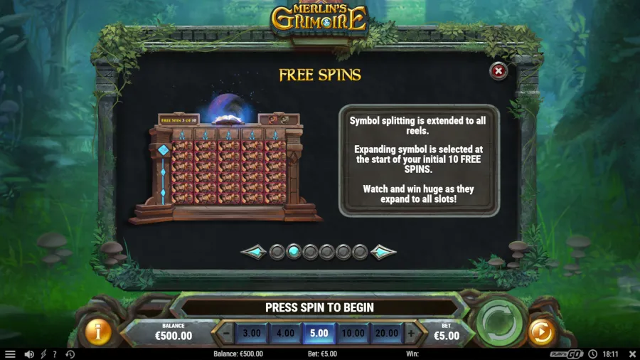 Paytable and symbols of the Merlin's Grimoire slot with multipliers and winning combinations at Pin-Up