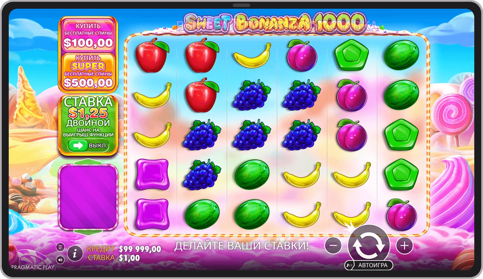 Diamond Sweet Bonanza 1000 game interface in Pin-Up casino with reels and bright fruits