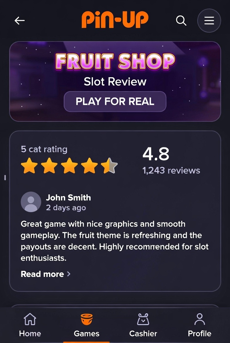 Visualization of reviews and ratings of Kazakhstan players about Fruit Shop slot on Pin-Up
