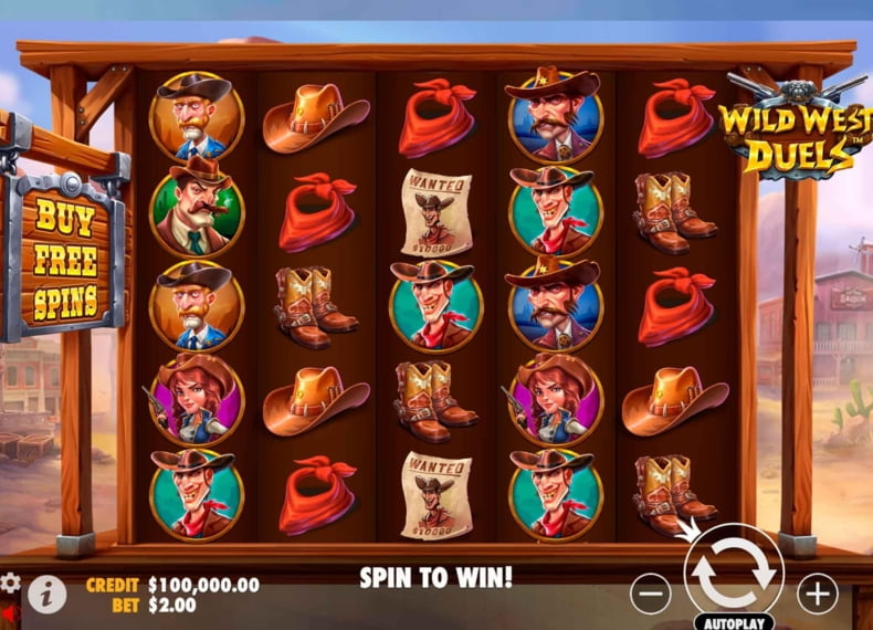 Pin-Up kazinosunda kovboy mövzusu və barabanlarla Wild West Duels slotunun əsas ekranı