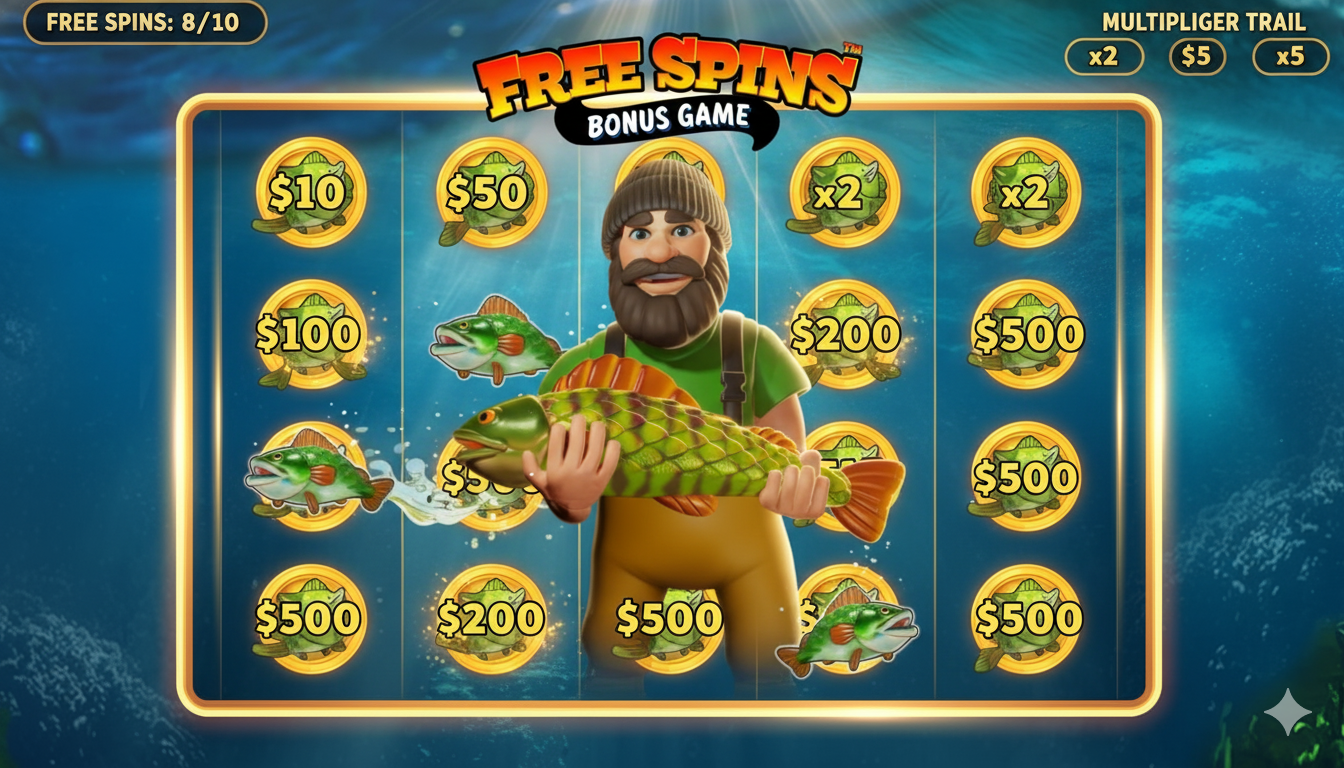 Big Bass Bonanza слотындағы балықшы және ақша символдары бар Free Spins бонустық раунды