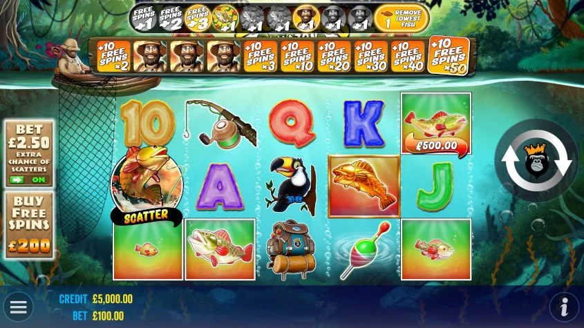Игровой интерфейс Big Bass Amazon Xtreme с барабанами и символами рыб