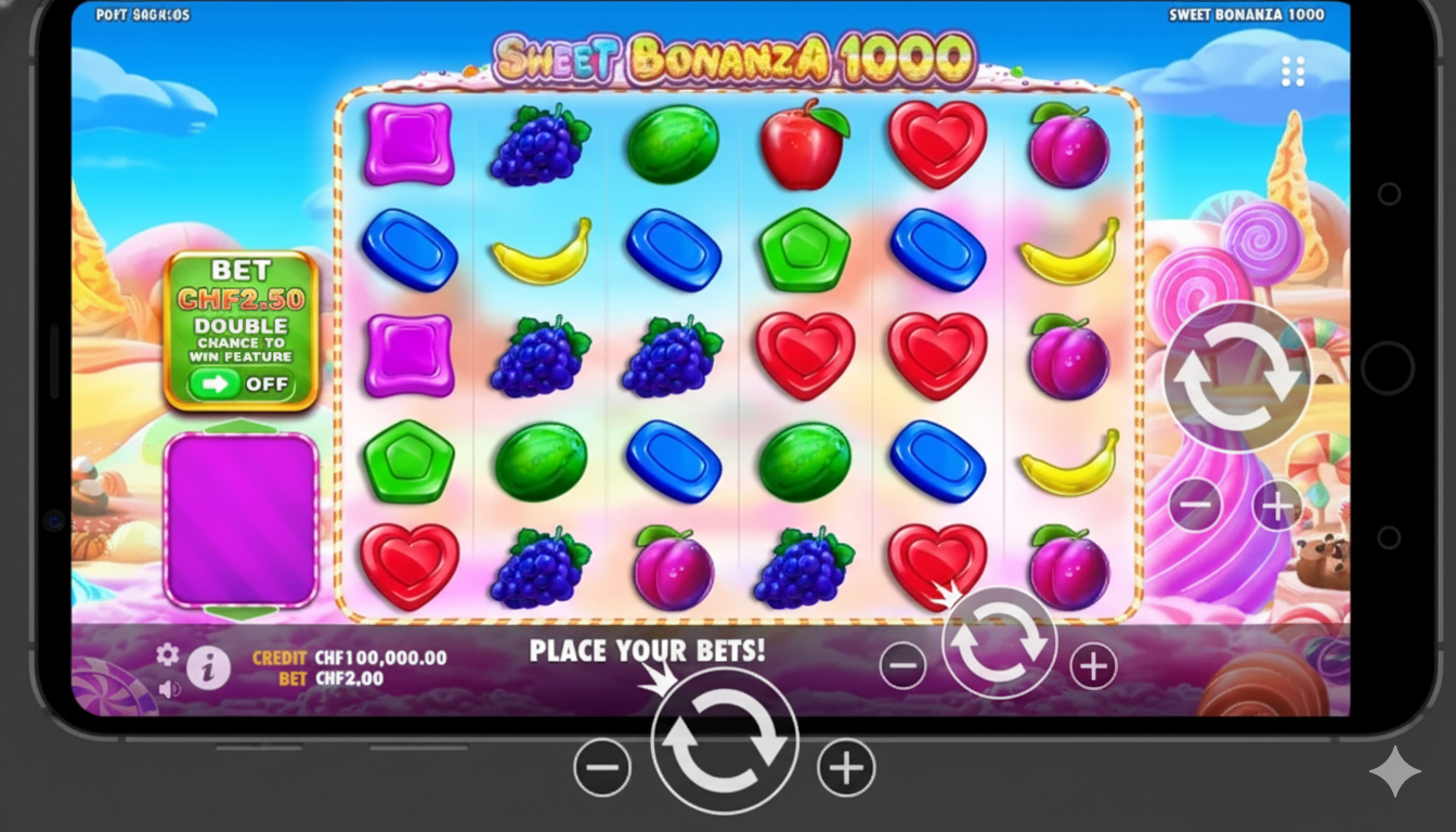 Diamond Sweet Bonanza 1000 mobile interface in vertical and horizontal orientation