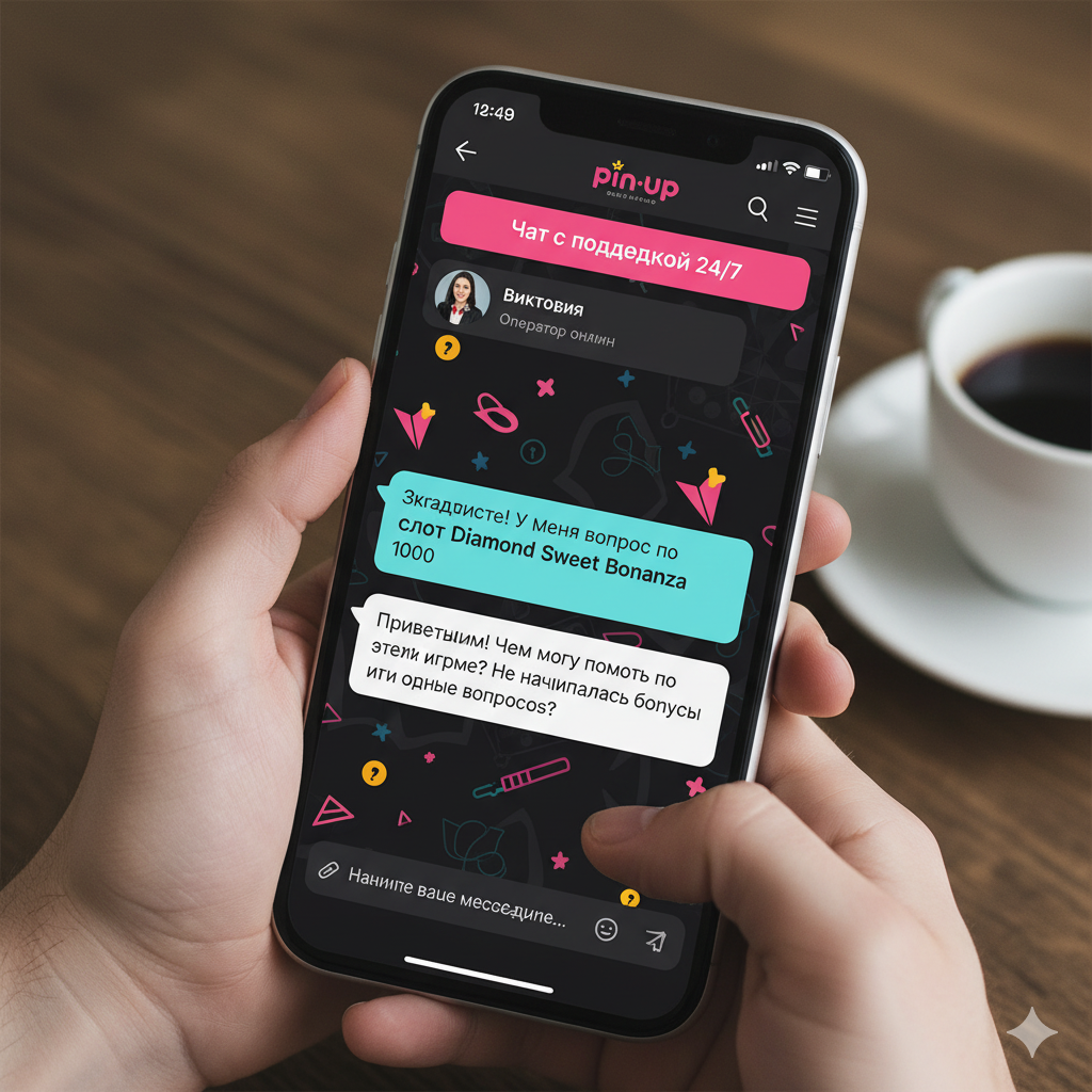 Pin-Up technical support chat interface for questions about Diamond Sweet Bonanza 1000