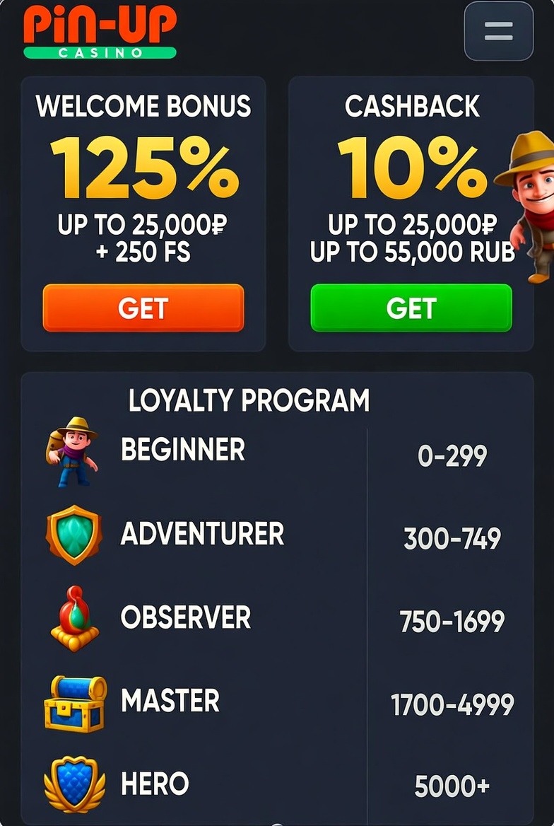 Gonzo's Quest slotu üçün xoş gəldin təklifləri və keşbek ilə Pin-Up bonus proqramının interfeysi
