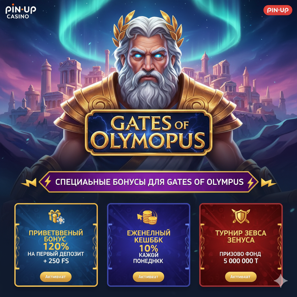 Gates of Olympus слотына арналған Pin-Up Casino бонустық ұсыныстарының интерфейсі
