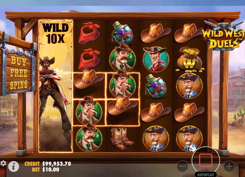 Pulsuz fırlanmalar və çarpanlar olan Wild West Duels bonus raundu ekranı