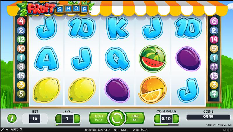 Screenshot of the free spins bonus round in Fruit Shop slot with active winning combinations