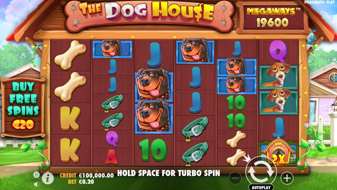 Pin-Up-da The Dog House Megaways slotunun barabanlar və idarəetmə paneli ilə interfeysi