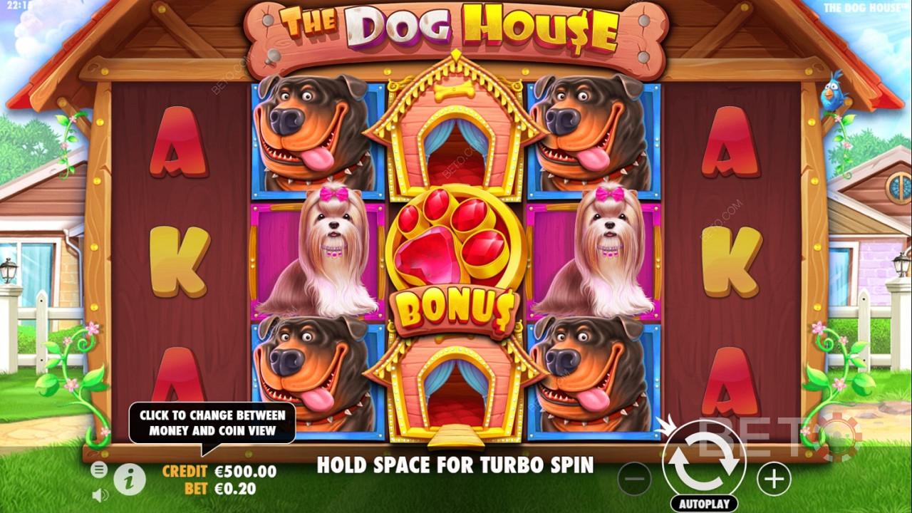 The main screen of The Dog House slot machine in Pin-Up casino with reels and dog symbols