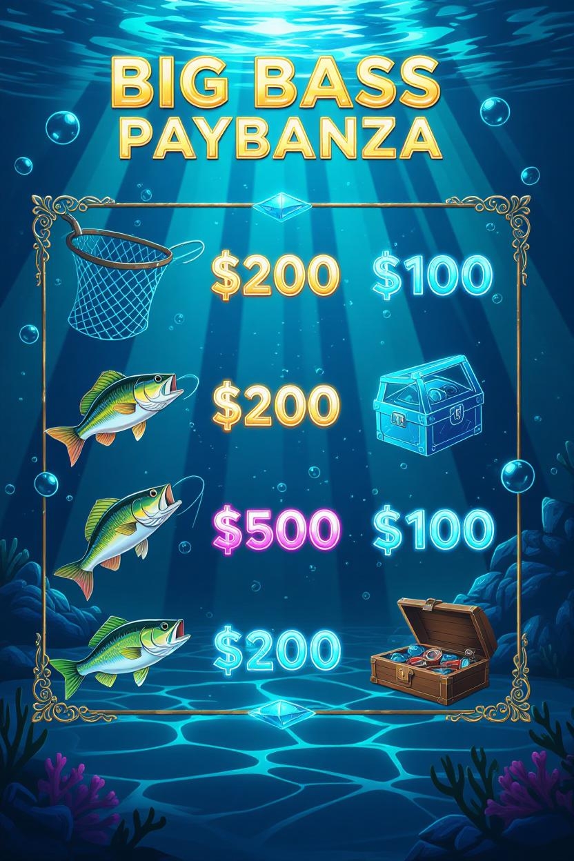 Балық аулау символдары және көбейткіштері бар Big Bass Bonanza слотының төлем кестесі