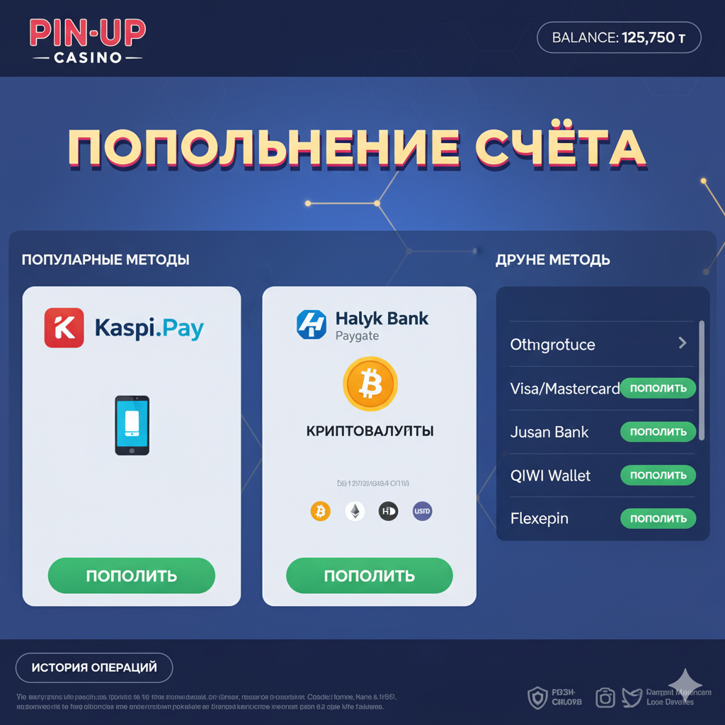 Kaspi, Halyk Bank және криптовалюталары бар Pin-Up төлем әдістерінің интерфейсі