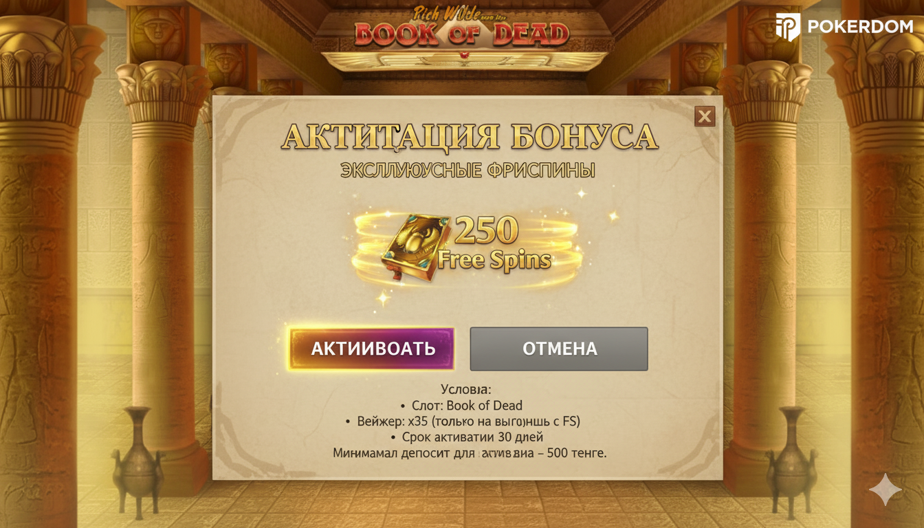 Интерфейс активации бонуса на Pokerdom с фриспинами для Book of Dead