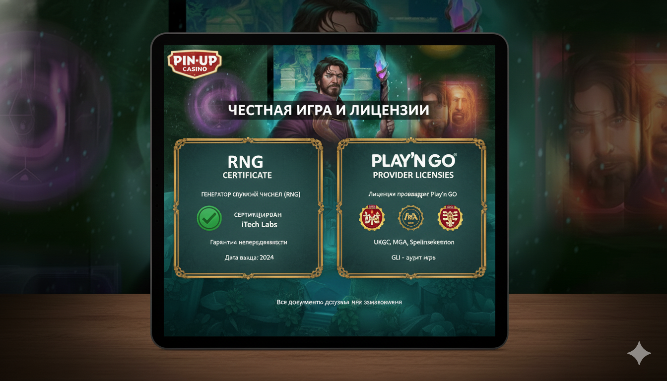 Certificates of the Random Number Generator RNG and licenses of the Play'n GO provider for fair play at Pin-Up
