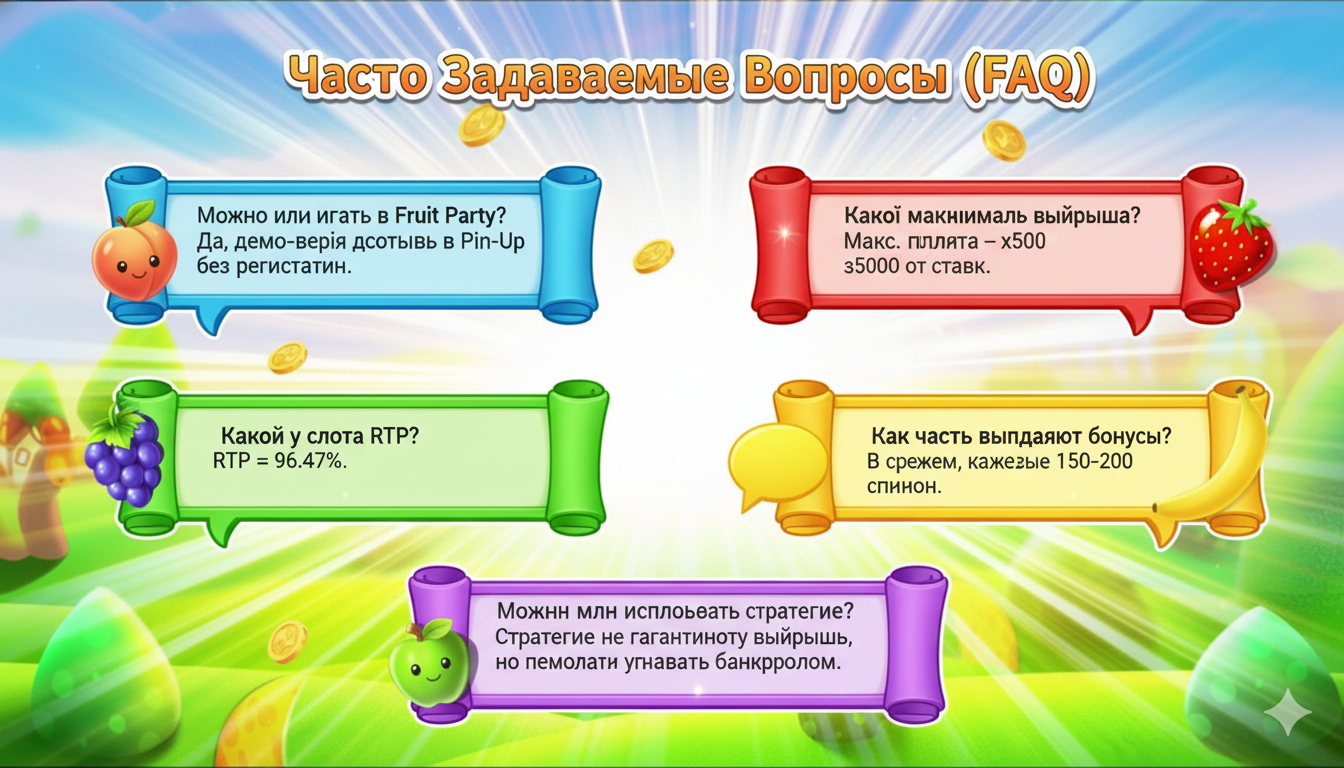 Fruit Party ойыны туралы жиі қойылатын сұрақтардың визуалды көрінісі