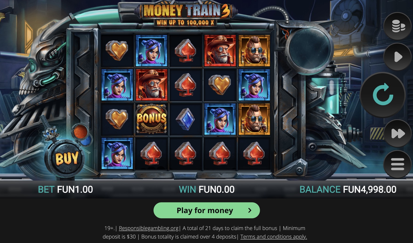Қазақстанға арналған Pin-Up қолданбасындағы Money Train 3 слотының мобильді нұсқасы